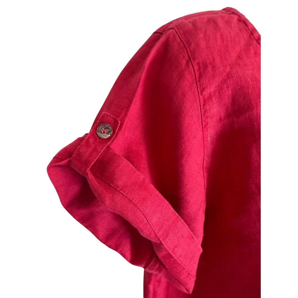 Kleen 100% Linen Red Blouse Womens Small Roll Tab Sleeve Lightweight Summer Top - Picture 3 of 8